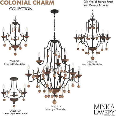Colonial Charm 5 Light 28 inch Old World Bronze/Walnut Accents Chandelier Ceiling Light